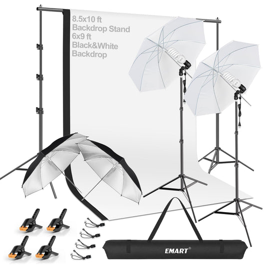 EMART Kit Soporte De Fondo 8.5×10ft con Telas Negras Y Blancas