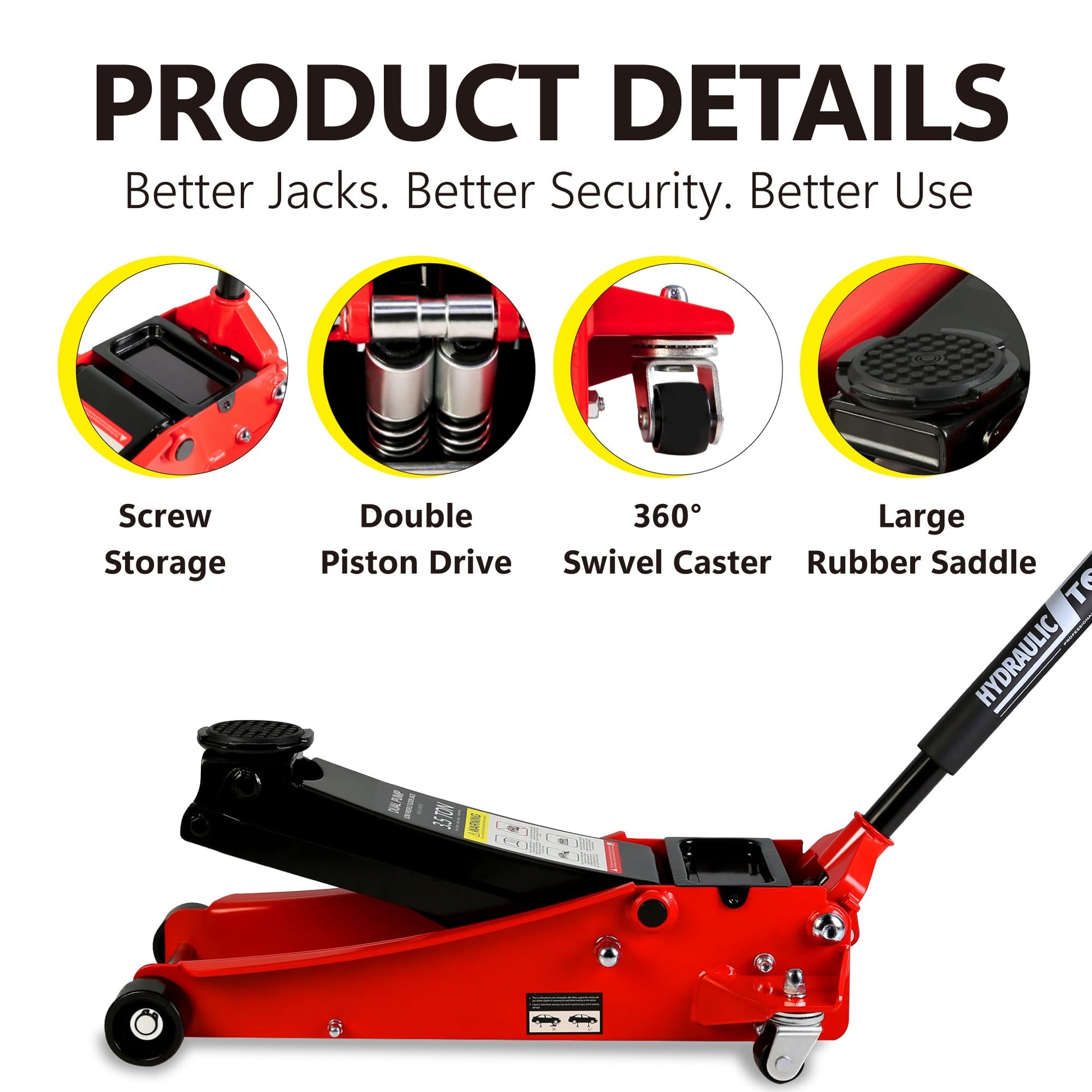 Jack de piso, de acero de perfil bajo, para carreras de carretilla hidráulica, con bomba de elevación rápida de doble pistón, capacidad de 3.5 toneladas, rango de elevación de 4 a 21 pulgadas, rojo