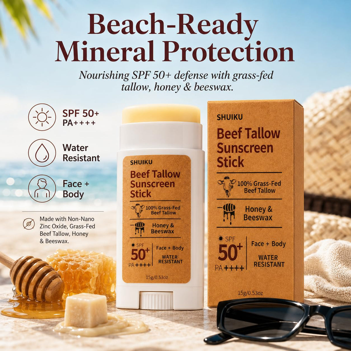 SHUIKU Barra De Protector Solar Orgánico De Sebo De Res Fps 50 – Protector Solar Mineral A Base De Sebo Con Miel Y Cera De Abejas Para Rostro Y Cuerpo, Bloqueador Solar Natural Resistente Al Agua, 15