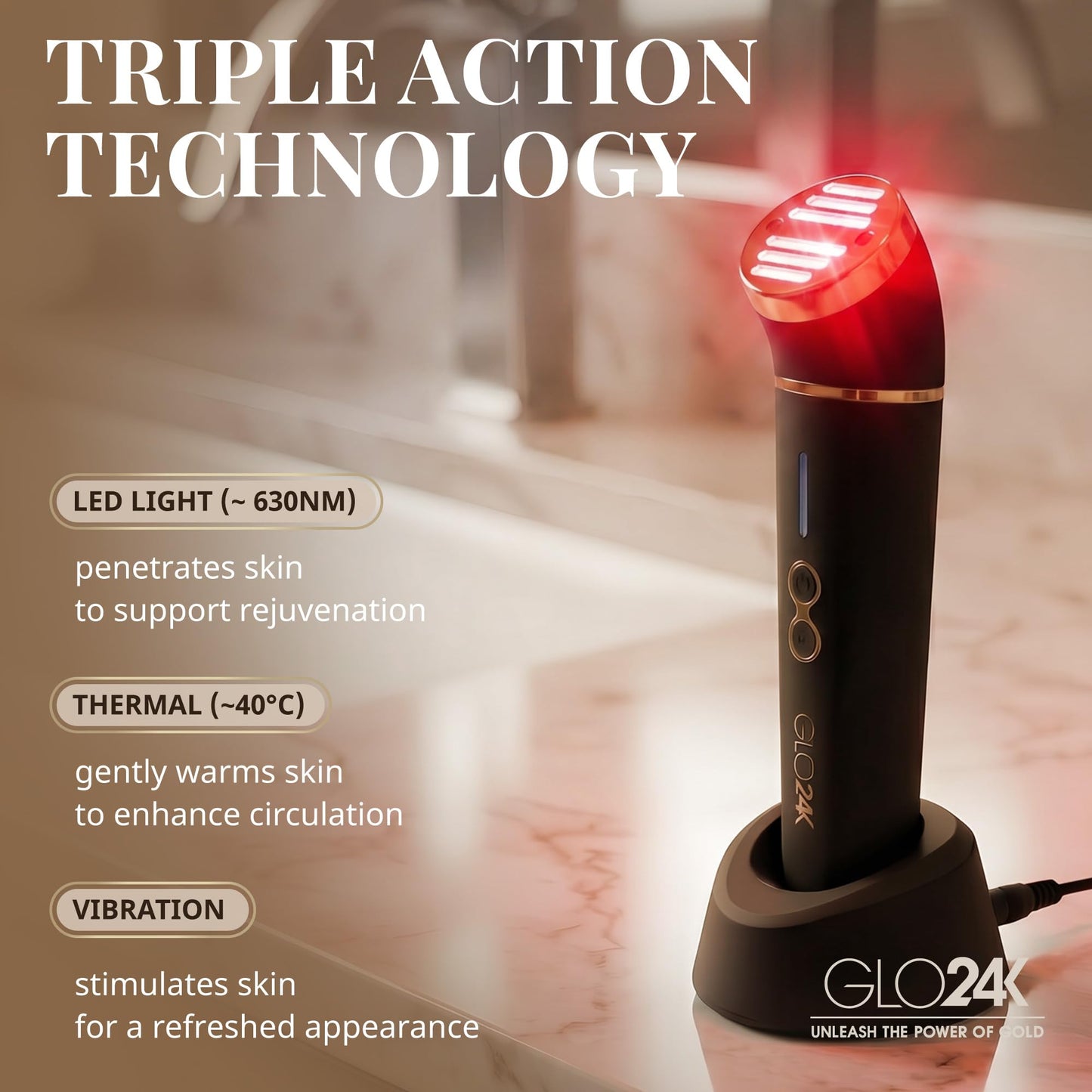 GLO24K - Dispositivo de belleza para rejuvenecimiento de la piel, basado en LED de triple acción, térmica, tecnologías de vibración. Tratamiento antiedad SPA en casa.