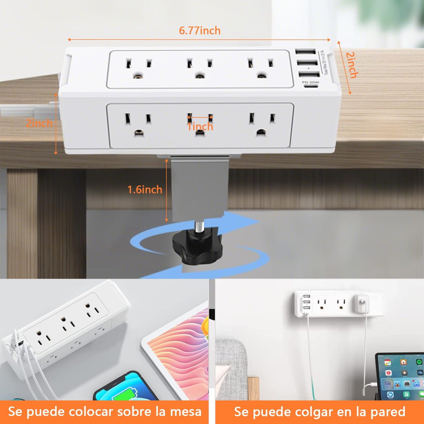 TDVCVZSD 13 en 1 Regleta con Clip para Escritorio, Protector contra sobretensiones USB-C con 9 Salidas de CA y 4 USB (1 USB C), Cable de Enchufe Plano 1,8 m para Dormitorio, casa, Oficina