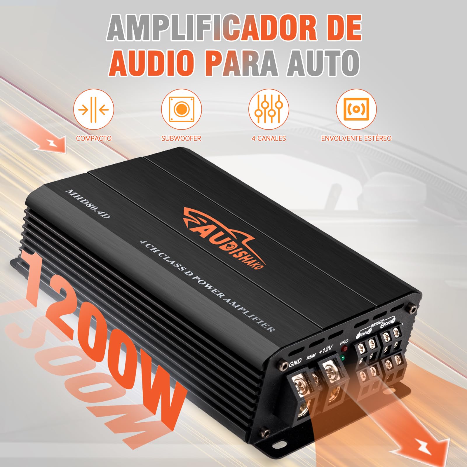AUDISHAKO 1200W Amplificador de Audio de 4 Canales,Amplificador para Auto de Clase D, 2 Ohm 160W x 4 Canales para Motocicletas, Coches Deportivos y Otros Sistemas de Audio para Coche