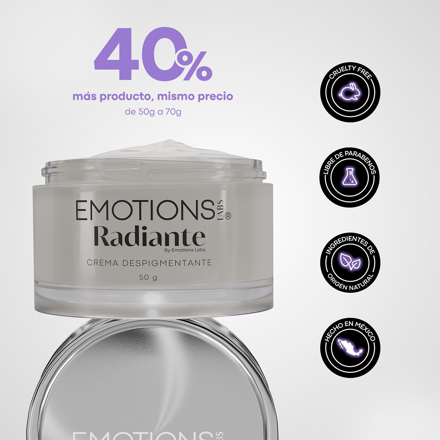Emotions Labs | Crema Facial en Gel Radiante | Hidratante y Unificación del Tono | Con Niacinamida, Vitamina C y E, Escualeno Vegetal y Flor de las Nieves | Para Piel con Manchas | Uso Día y Noche | Contenido 70g