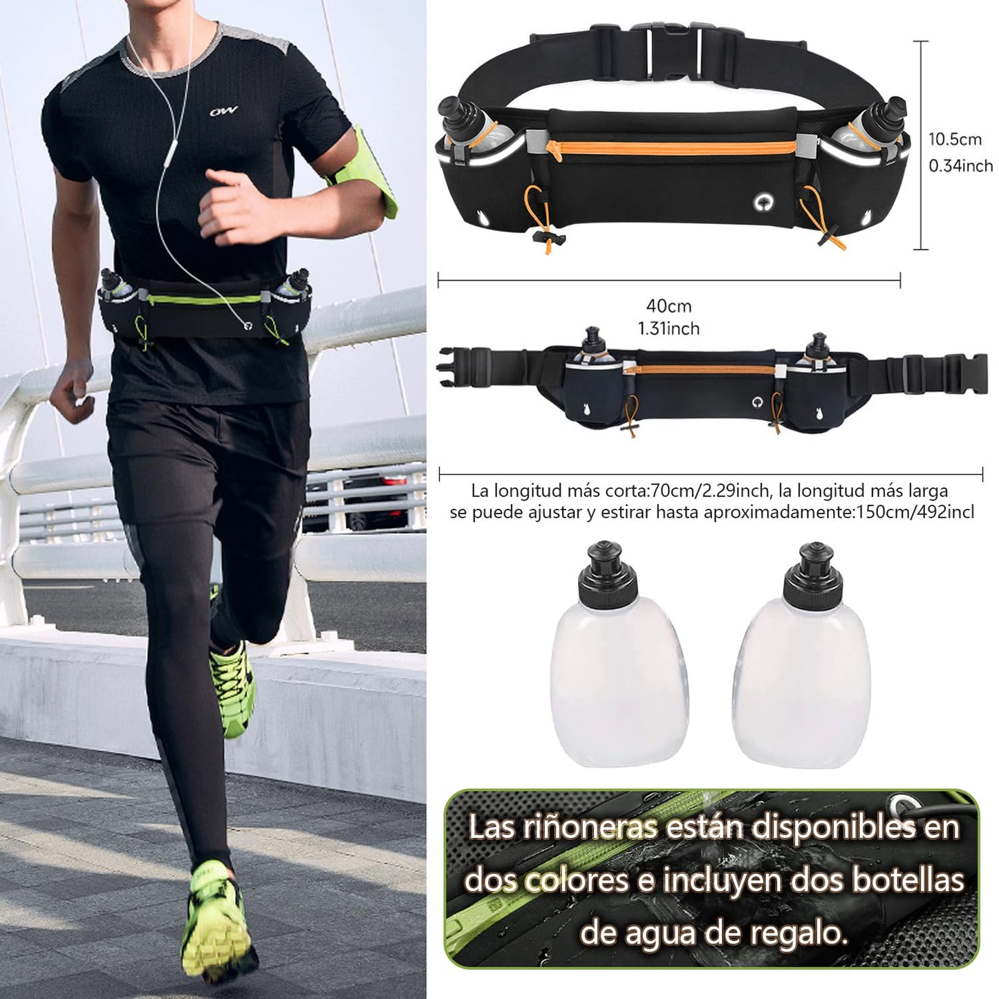 Cangurera Deportiva, Riñonera Deportiva con 2 Botellas de Agua, Riñonera Impermeable Reflectante con Cinturón Regulable, Ideal para Ciclismo, Correr, Deportes al Aire Libre. (1, naranja, Medium)