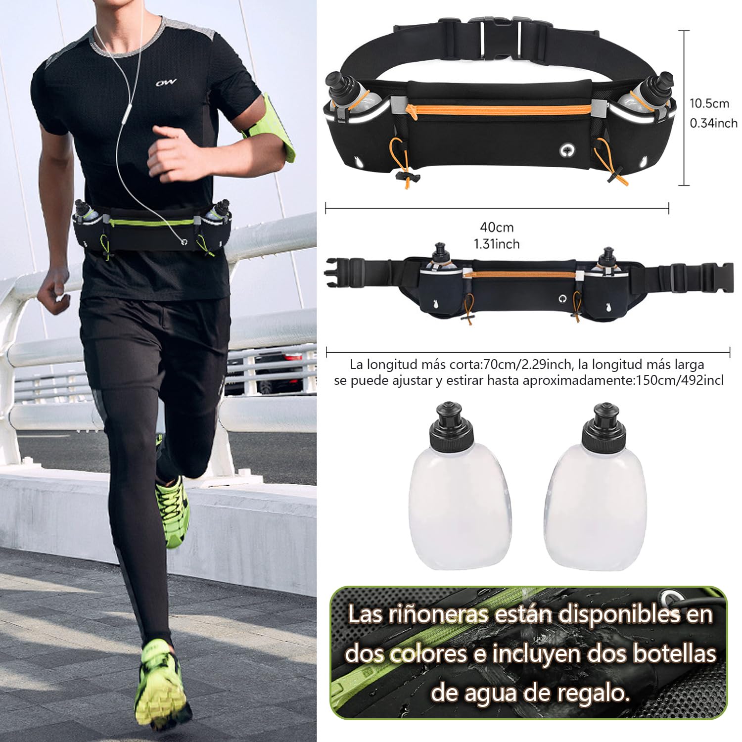 Cangurera Deportiva, Riñonera Deportiva con 2 Botellas de Agua, Riñonera Impermeable Reflectante con Cinturón Regulable, Ideal para Ciclismo, Correr, Deportes al Aire Libre. (1, naranja, Medium)