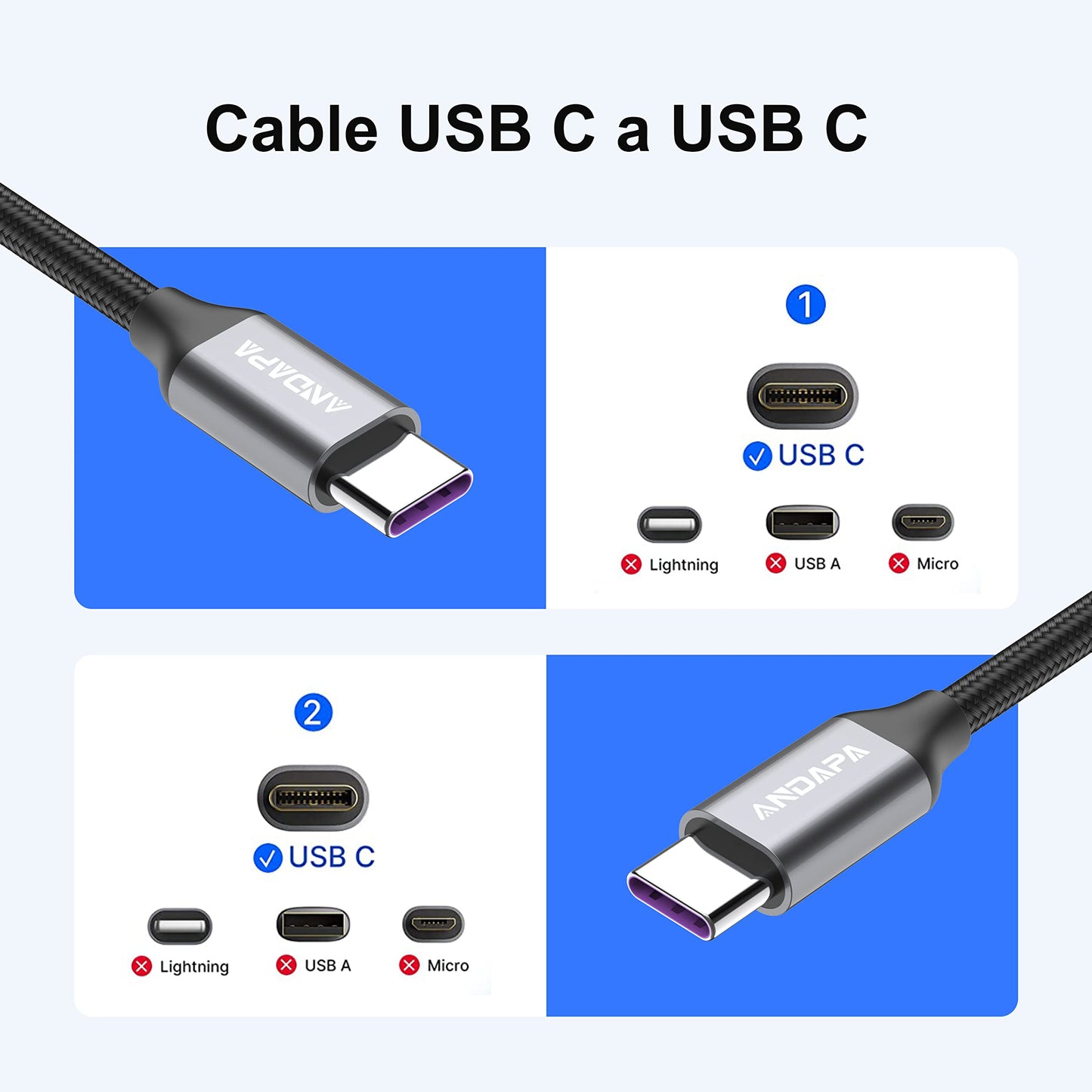 Cable USB C a C ANDAPA Blanco 60W PD Carga rápida 1M Compatible con iPhone 15 Macbook Pro/Air iPad Pro/Air Google Pixel 6/5 Microsoft Lumia