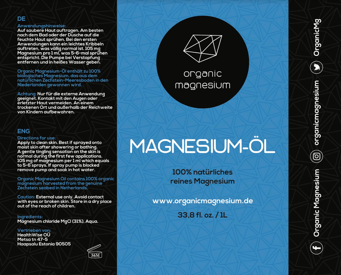 e de magnesio Ultra Pur – 1000 ml | 100% natural puro Zechstein Aceite de Zechstein de Organic Magnesium | Perfecto para deporte y relajación muscular | Aceite líquido concentrado