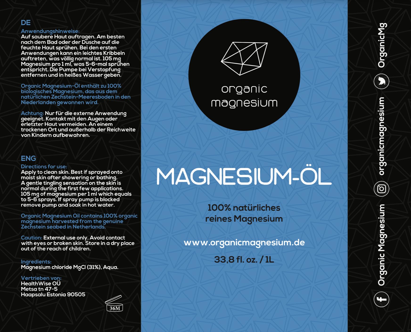 e de magnesio Ultra Pur – 1000 ml | 100% natural puro Zechstein Aceite de Zechstein de Organic Magnesium | Perfecto para deporte y relajación muscular | Aceite líquido concentrado