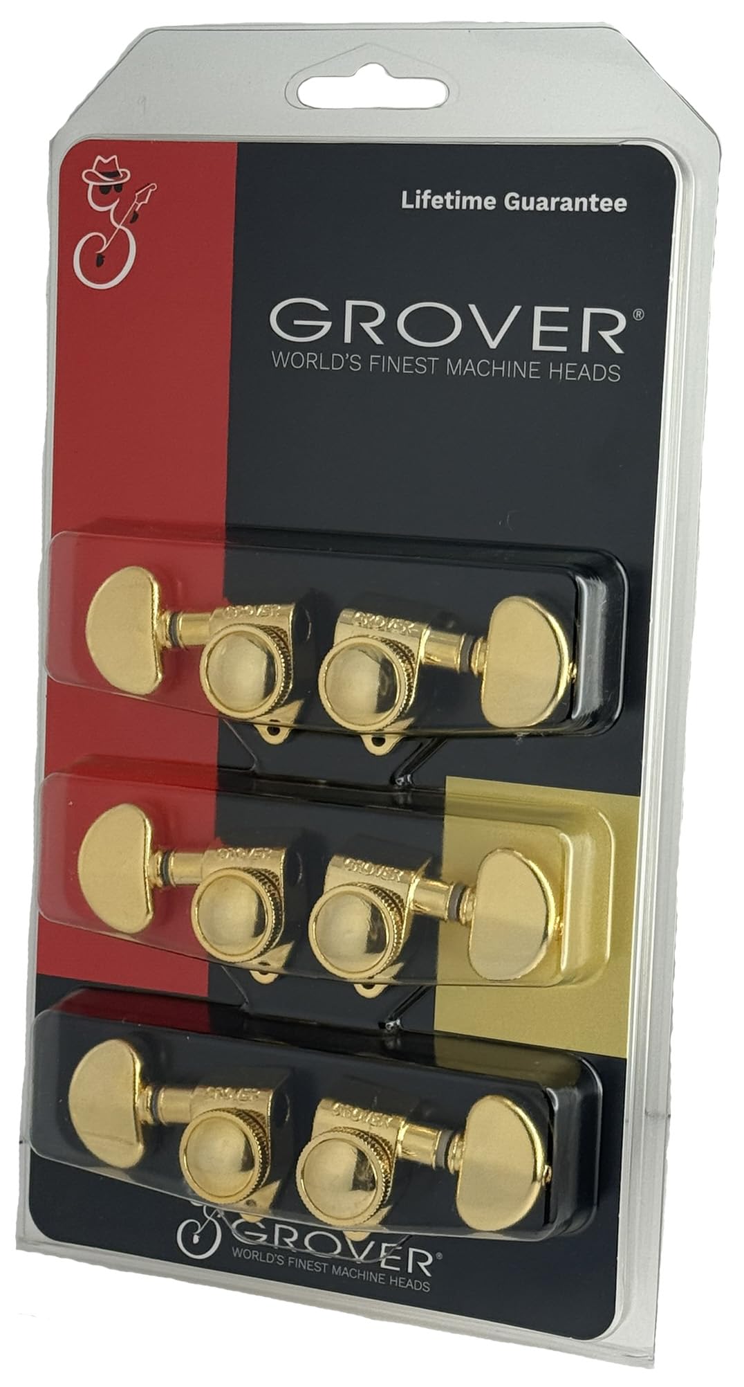 Grover 502G ROTO-GRIP - Juego de afinadores de guitarra rotomática, juego de afinación 3+3 18:1, teclas de afinación doradas, botón de riñón, tonebird Dunlop, paquete de tela pulida, cabezales de