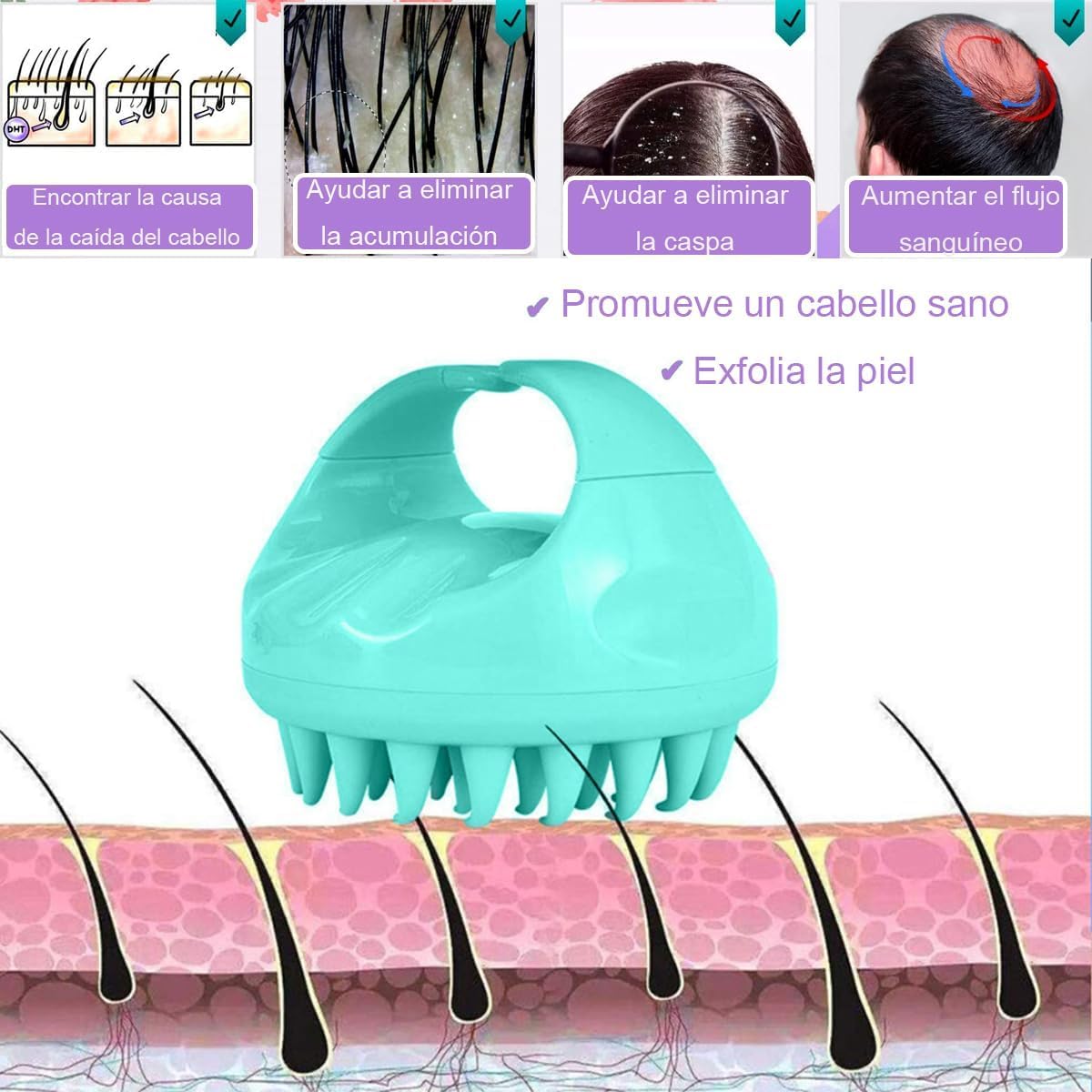 Masajeador de Cuero Cabelludo VERALY.MX Negro con Cerdas de Silicona para Crecimiento del Cabello y Eliminación de Caspa en Seco y Húmedo
