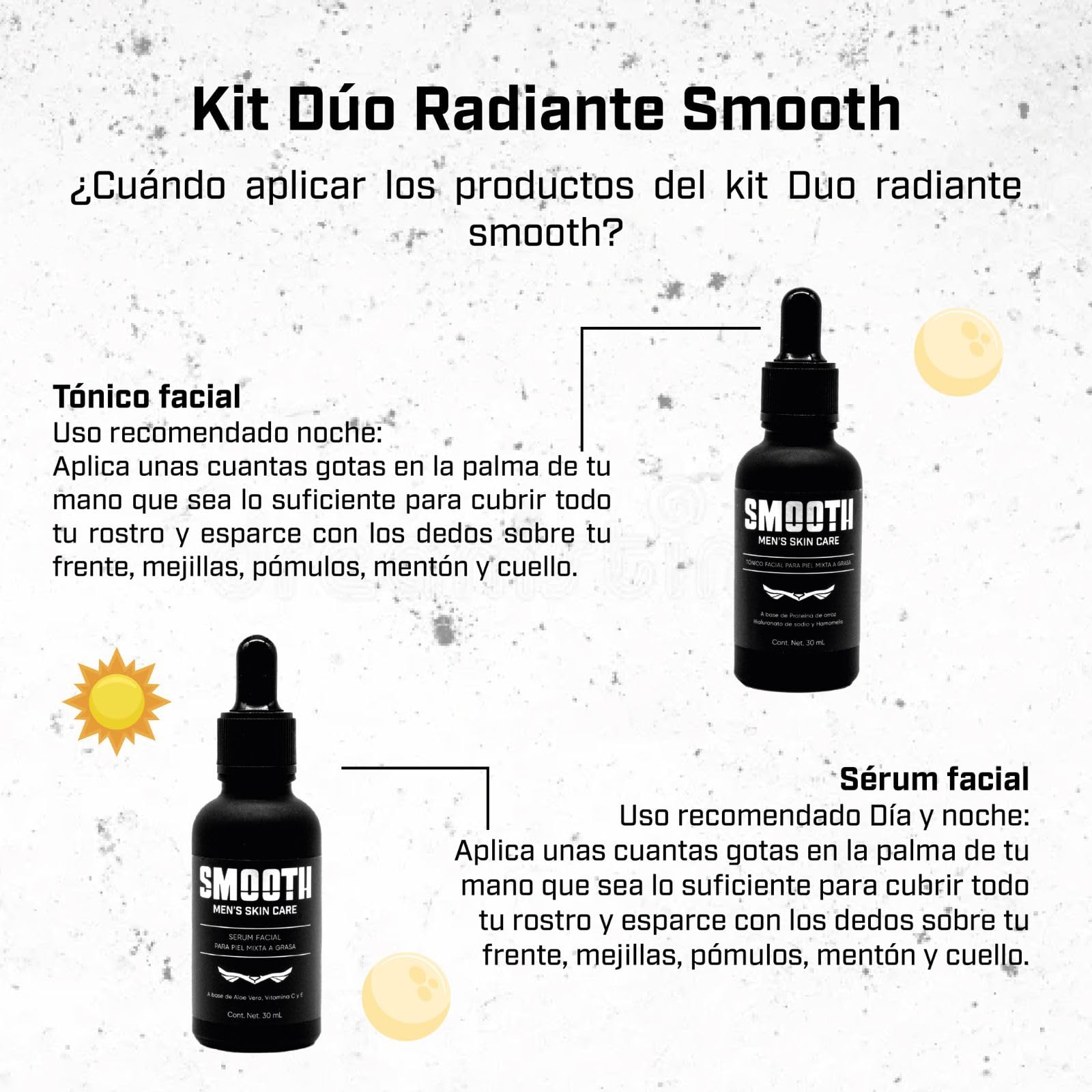 SMOOTH Kit Dúo Radiante para hombres | Tónico facial de hialuronato de sodio y Sérum Facial de Vitamina C | Hidrata, Tonifica y Desinflama, Antioxidante, Hidratante, Reduce líneas de Expresión y Disminuye Arrugas | 2 frascos de 30 ml | Uso Día y Noche