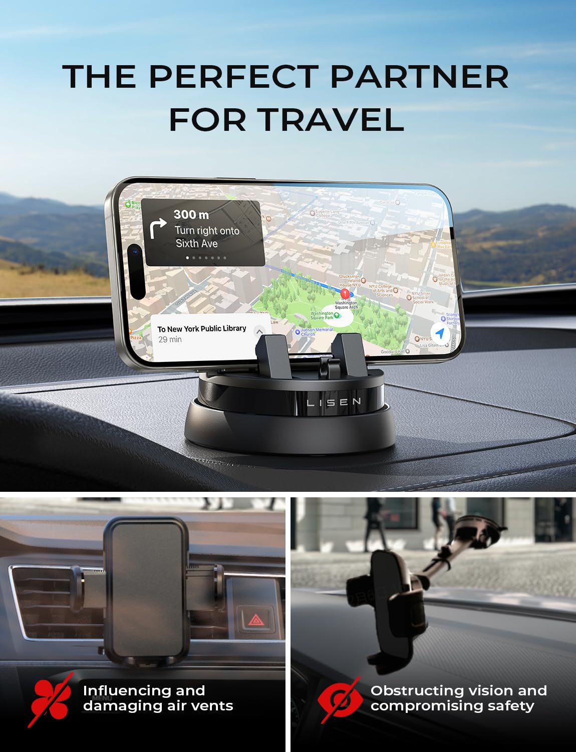 LISEN Soporte Celular Auto Giratorio de 360° Soporte para Celular Automovil，Phone Holder Car Base para Celular Automovil，Soporte Compatible con iPhone 15 14 13 12 11 Pro MAX, Galaxy S23 S22 Ultra