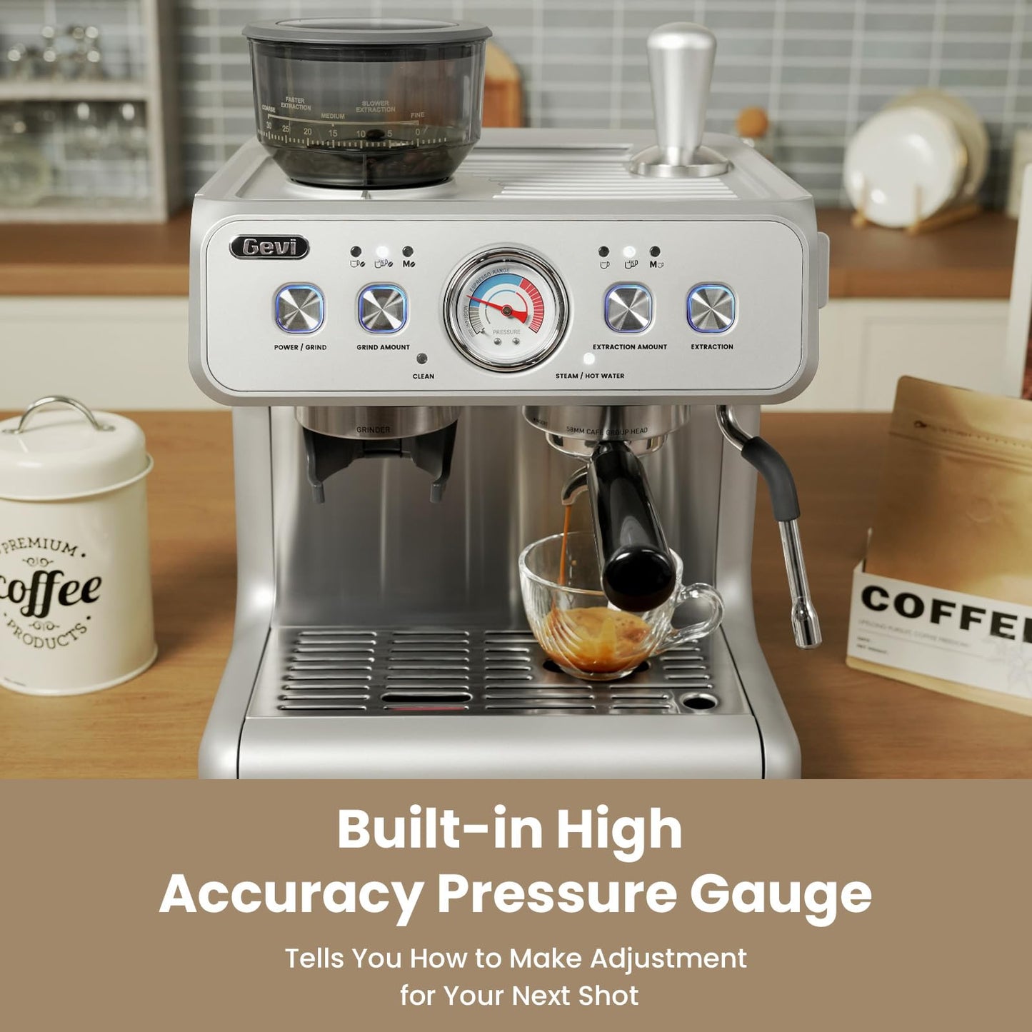 Gevi EzBru 2000 - Máquina espresso de doble caldera mejorada 2024 | Cabezal de grupo de 58 mm | Varita de vapor de nivel Barista | Molinillo integrado con 31 ajustes de tamaño | Carcasa completa de