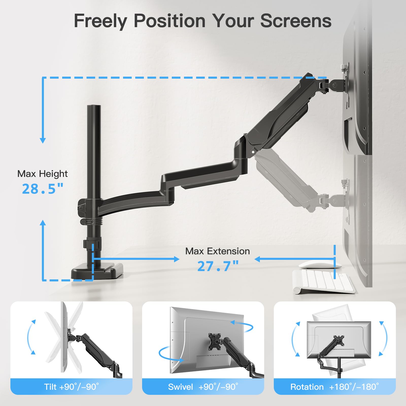 Brazo de Monitor Mountup Negro Extra Largo de 27 Pulgadas para Monitores de 13-32 Pulgadas