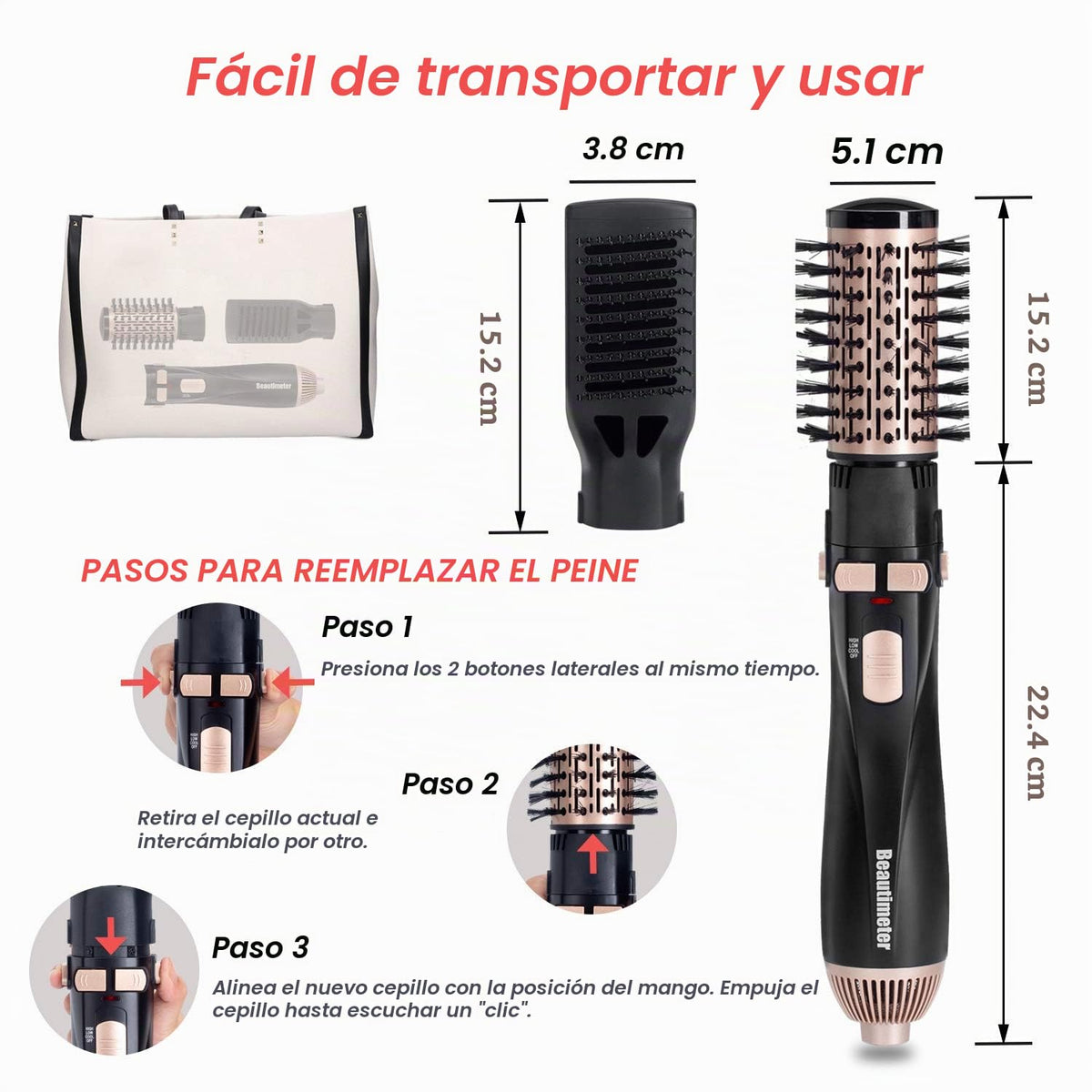 Kit de Cepillo Giratorio BEAUTIMETER Negro y Dorado con Aire Caliente Iónico 3 en 1