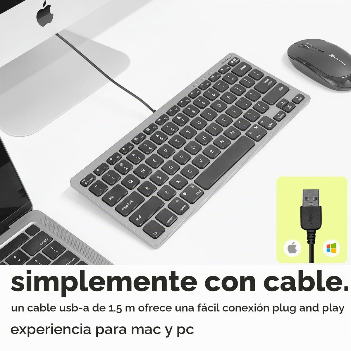 Teclado Compacto USB Macally Blanco con 78 Teclas de Tijera y 13 Accesos Directos para Mac y Windows