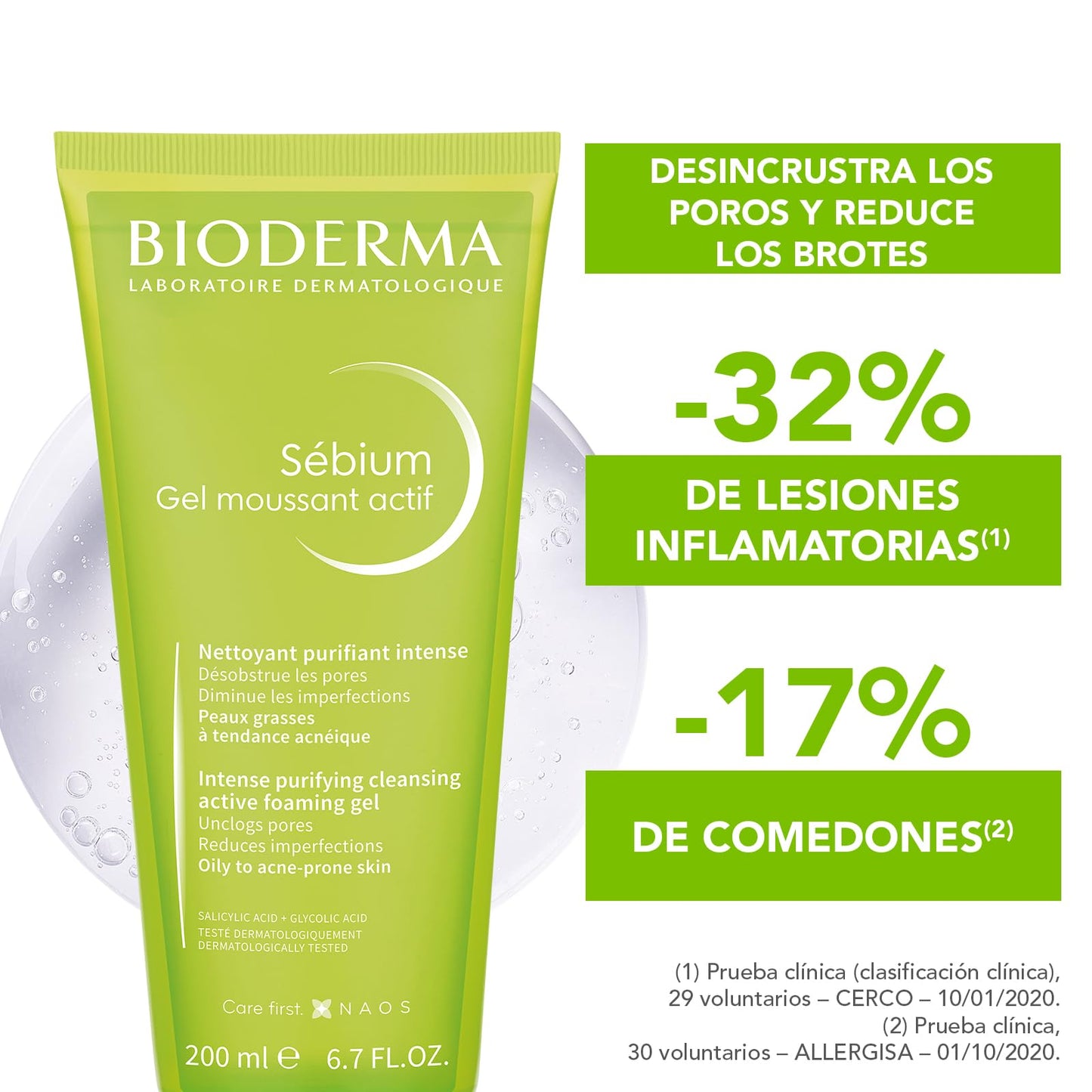 BIODERMA, Sébium Gel Moussant Actif Anti-Acné, Limpiador Facial, Reduce Brotes, Skincare Piel Grasa, 200ML