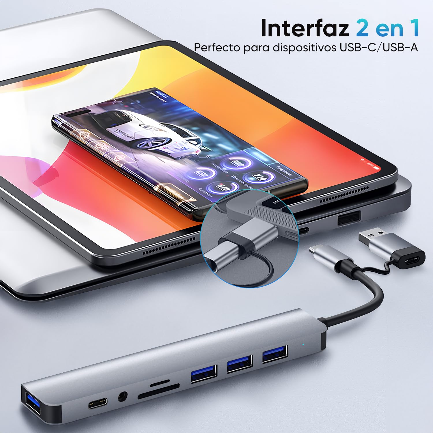 Hub USB C de 8 Puertos,Adaptador USB C Multipuerto,1 USB 3.0, 3 USB 2.0, Jack 3,5mm, USB C Datos Puerto, Lector Tarjeta SD/TF, para MacBook, Mac Pro, iMac, Surface Pro, XPS, PC,Flash Drive, Mobile HDD