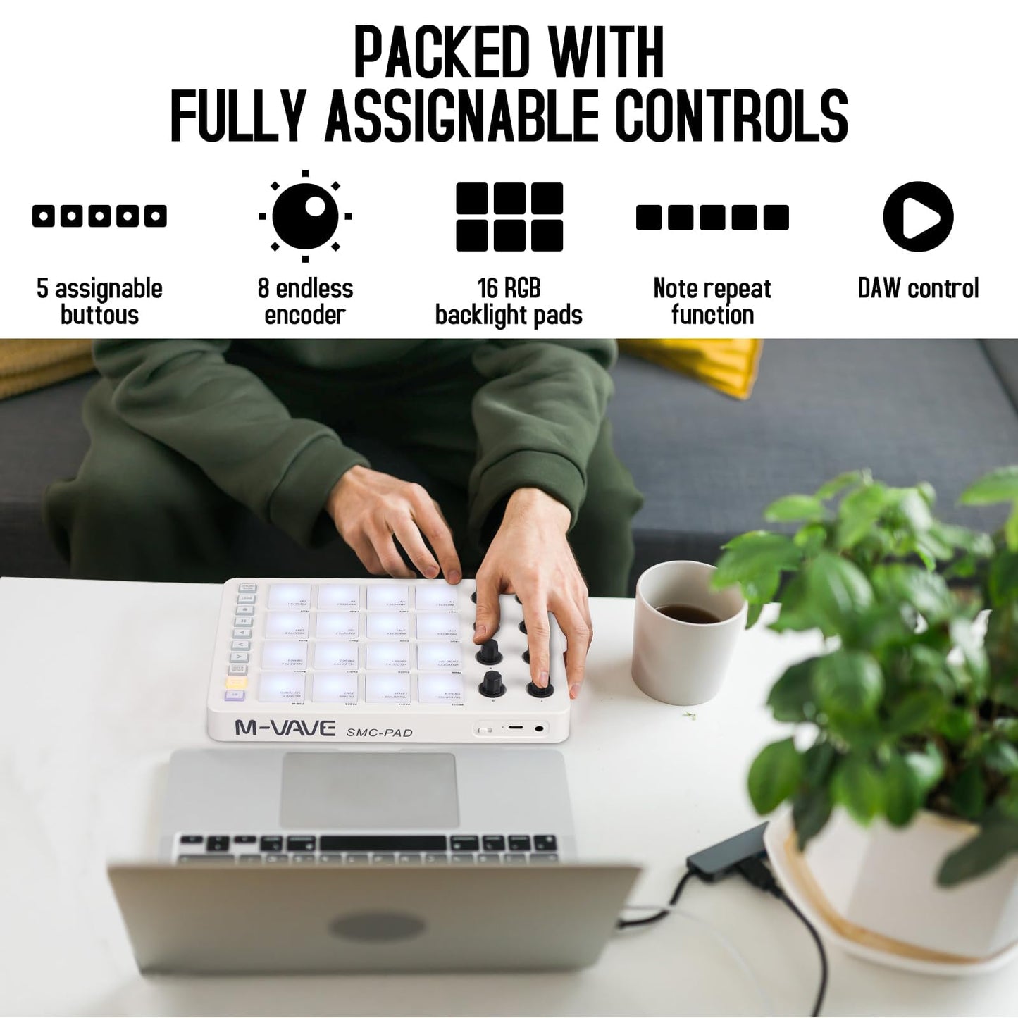 Controlador MIDI Pad Uzelia Negro Creador de Ritmos Portátil con 16 Beat Pads Retroiluminados RGB y 8 Perillas Asignables para Mac, iOS y Android