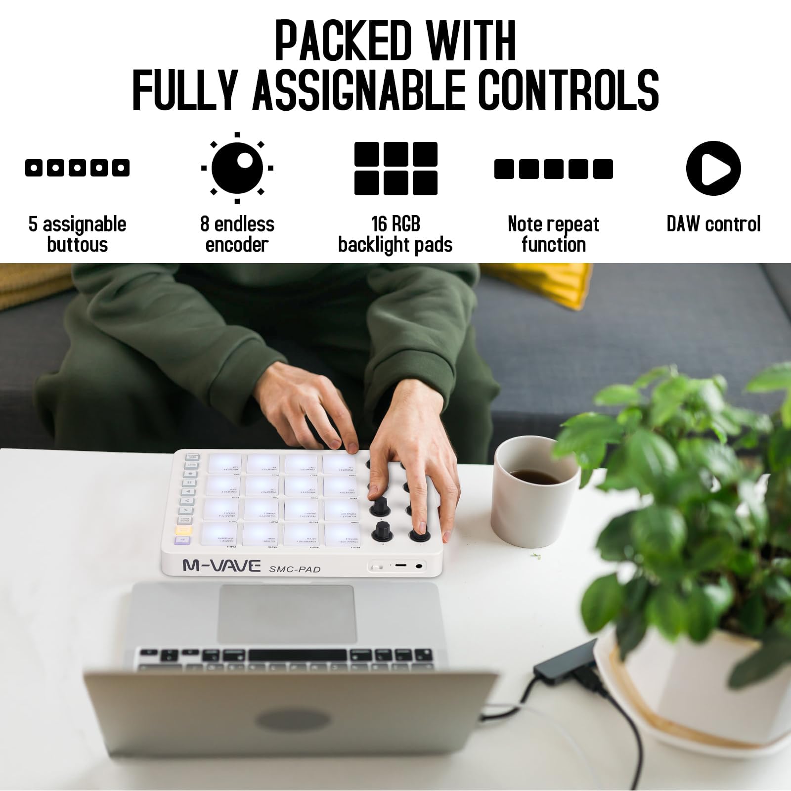 Controlador MIDI Pad Uzelia Negro Creador de Ritmos Portátil con 16 Beat Pads Retroiluminados RGB y 8 Perillas Asignables para Mac, iOS y Android