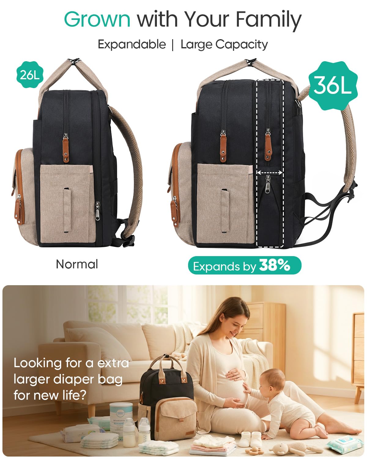 Qualyphant Mochila para pañales extragrande para dos niños, bolsas expandibles de 35 l para mamá, niña, niño, papá y niño pequeño, bolsa de pañales de viaje grande con 21 bolsillos Caqui negro