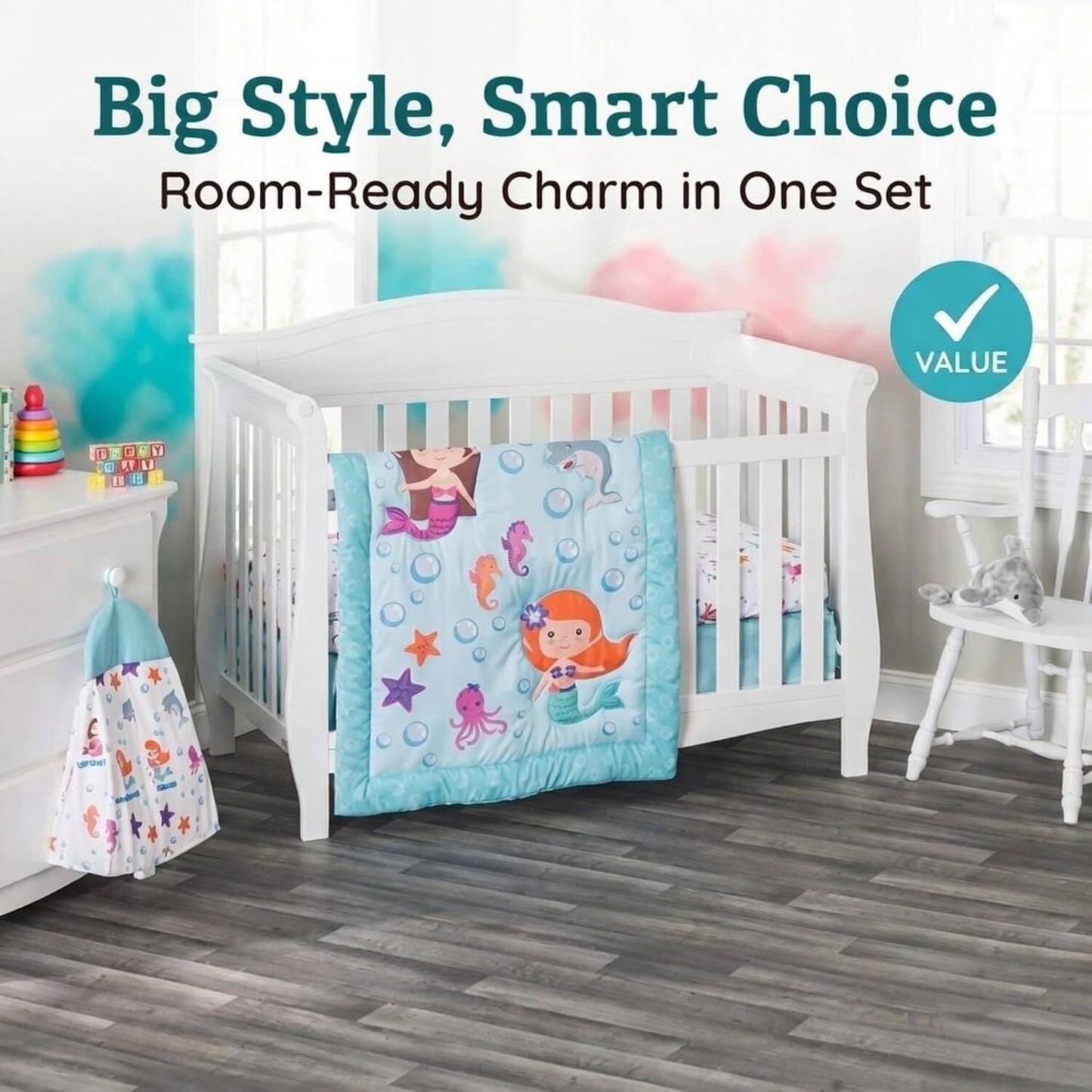 EVERYDAY KIDS Juego de ropa de cama de 3 piezas para cuna, diseño de sirena, incluye edredón, sábana bajera y volantes antipolvo, juego de cama para guardería, juego de cama para cuna de bebé
