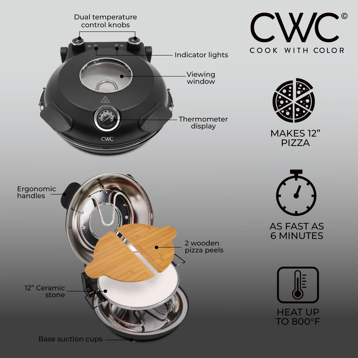 Cook With Color Horno eléctrico de pizza para interiores – Pizzera crujiente, calienta hasta 1000 °F, piedra de cerámica de 12 pulgadas, doble control de temperatura, cáscara de bambú incluida, negro