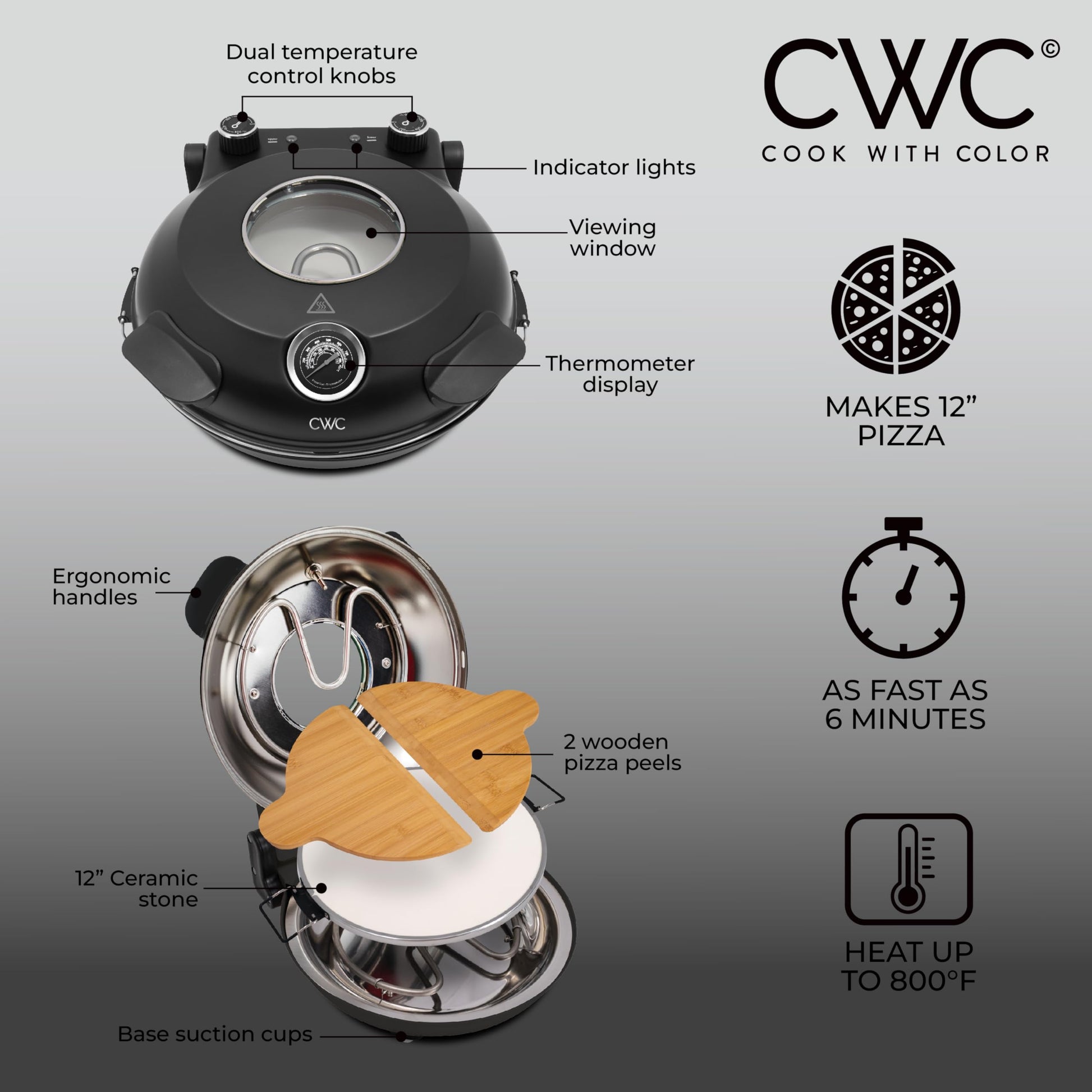 Cook With Color Horno eléctrico de pizza para interiores – Pizzera crujiente, calienta hasta 1000 °F, piedra de cerámica de 12 pulgadas, doble control de temperatura, cáscara de bambú incluida, negro