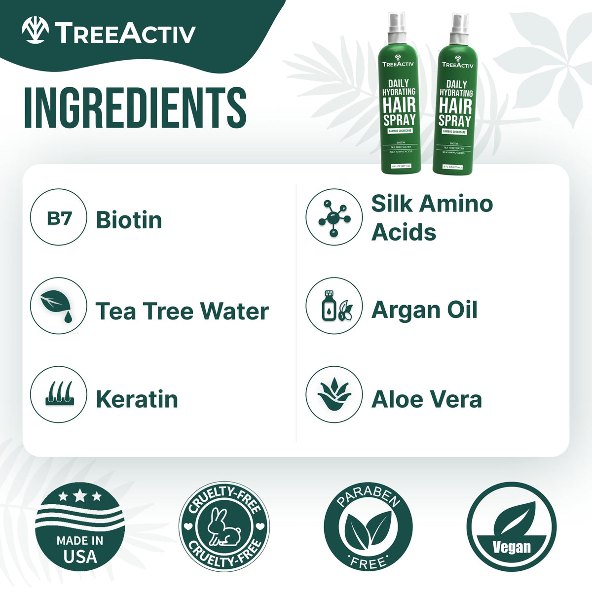 Spray Nutritivo Diario para Crecimiento del Cabello TreeActiv Bamboo Sugarcane con Aceite de Argán y Biotina