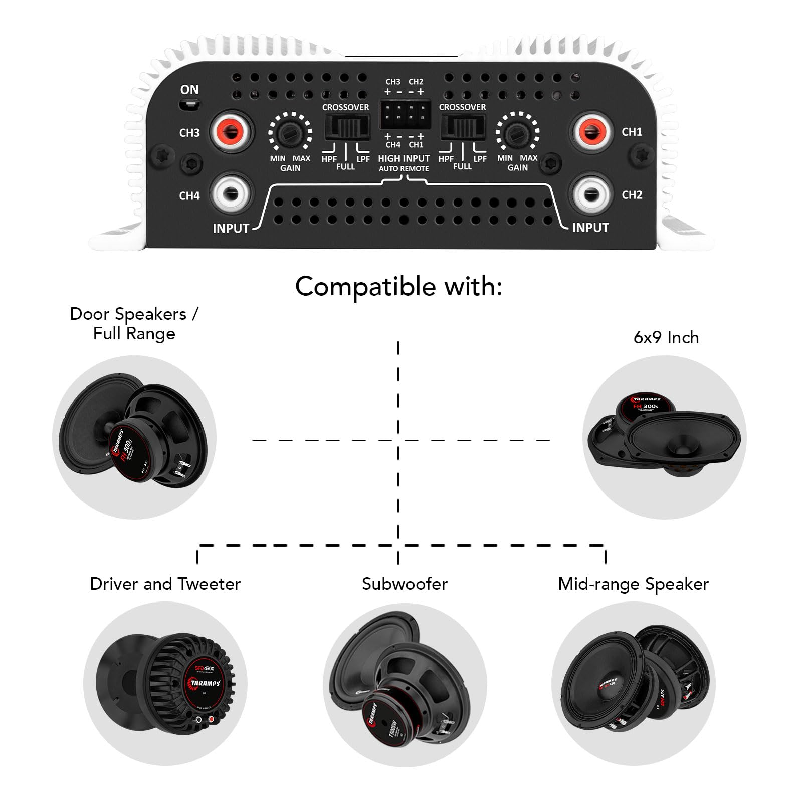 Amplificador de Audio para Auto Taramps TS 1200X4 Blanco Rango Completo clase D 1200 W RMS 4 Canales o 2 Puenteado