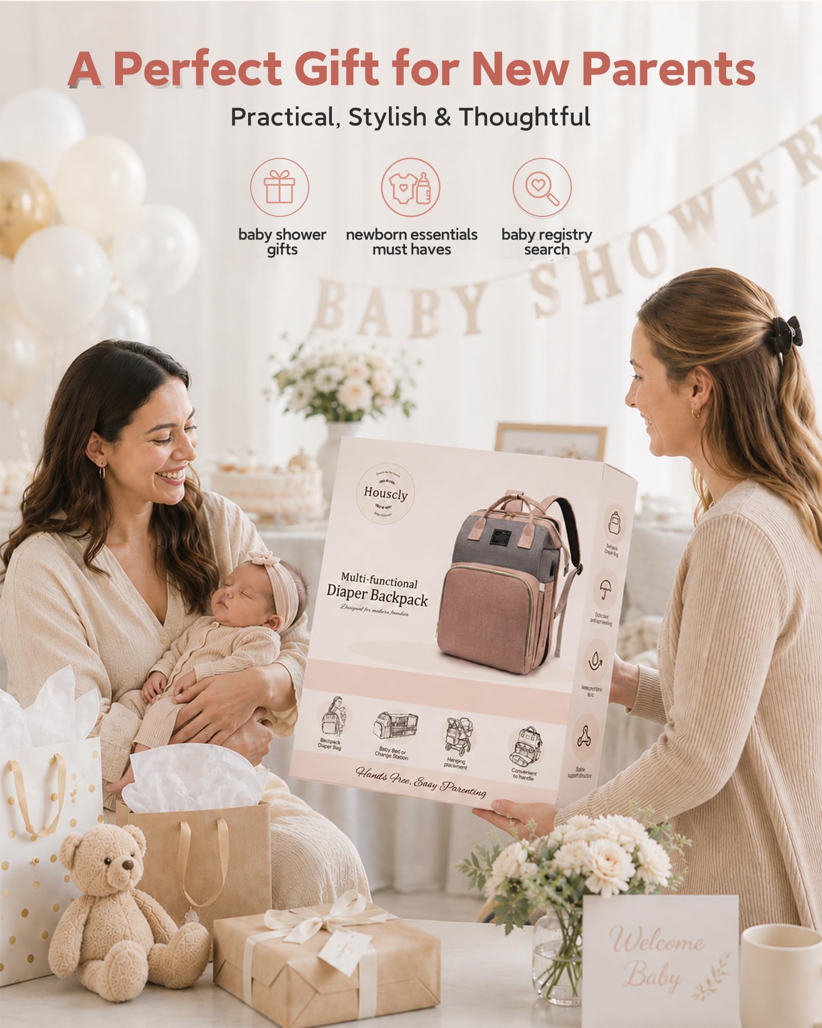 houscly - Mochila para pañales verde para mamá: bolsas de bebé para niños, niñas, mujeres, hombres, mochila grande, pañaleras de viaje grande, pañales modernas, para Bebe Niña, unisex, para recién