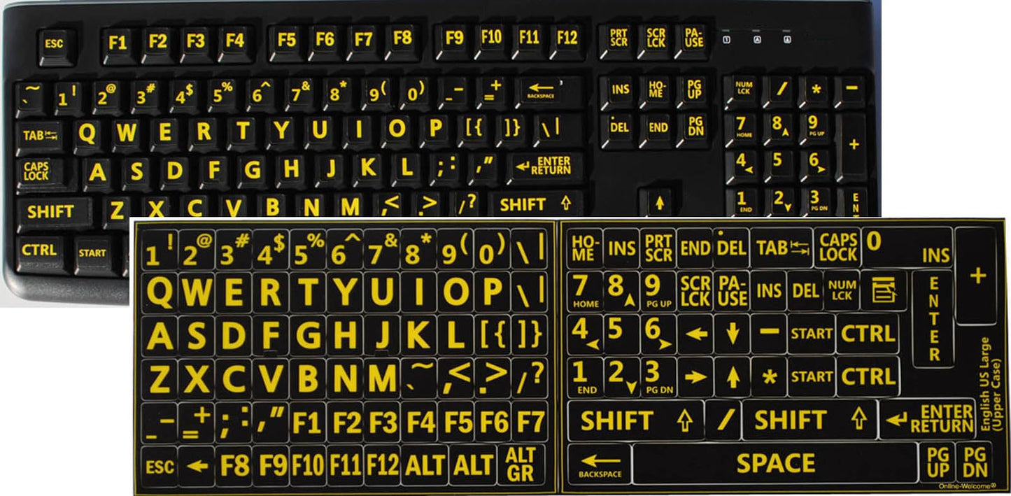 Pegatinas para teclado, letras grandes, letras amarillas, color negro