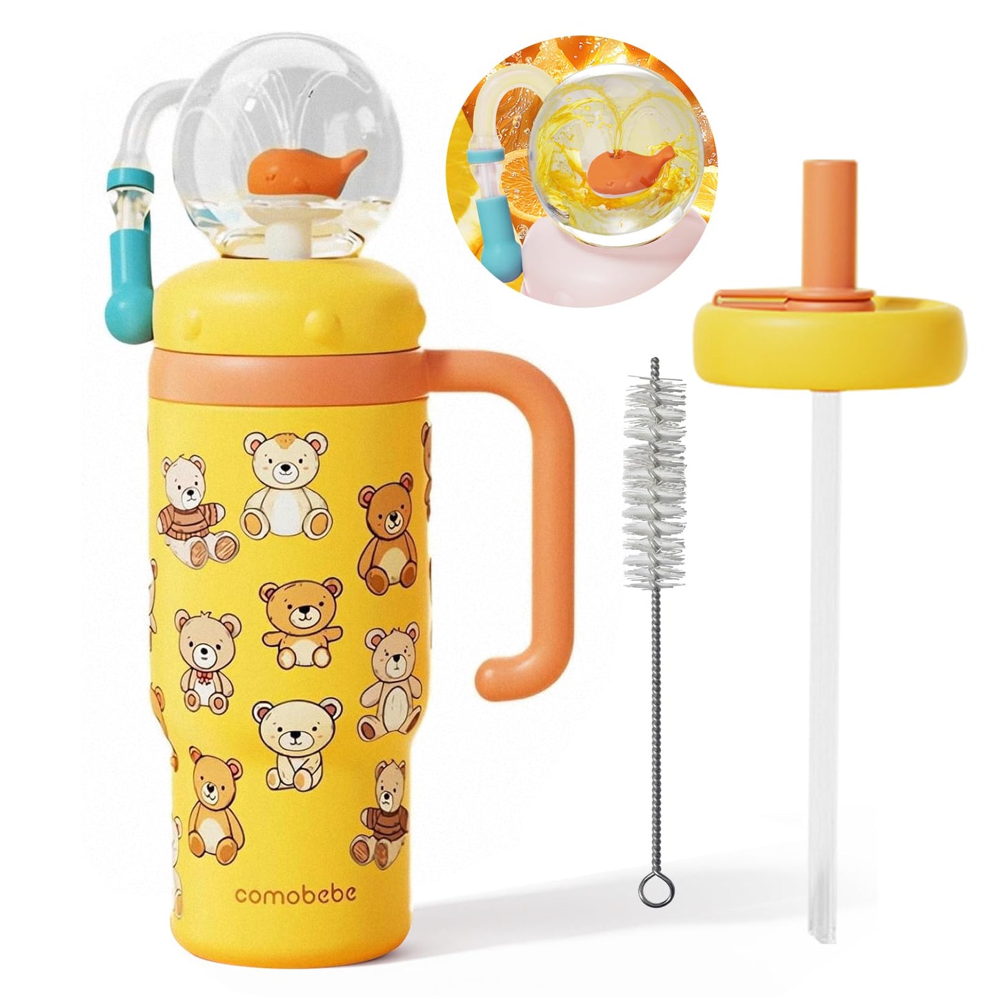 RUNSUNTUN Taza de fuente de ballena aislada, taza de viaje de acero inoxidable de 24 onzas con asa, taza con pajita a prueba de fugas, modelo 2025 - lavable. Adecuado para niños, adolescentes y