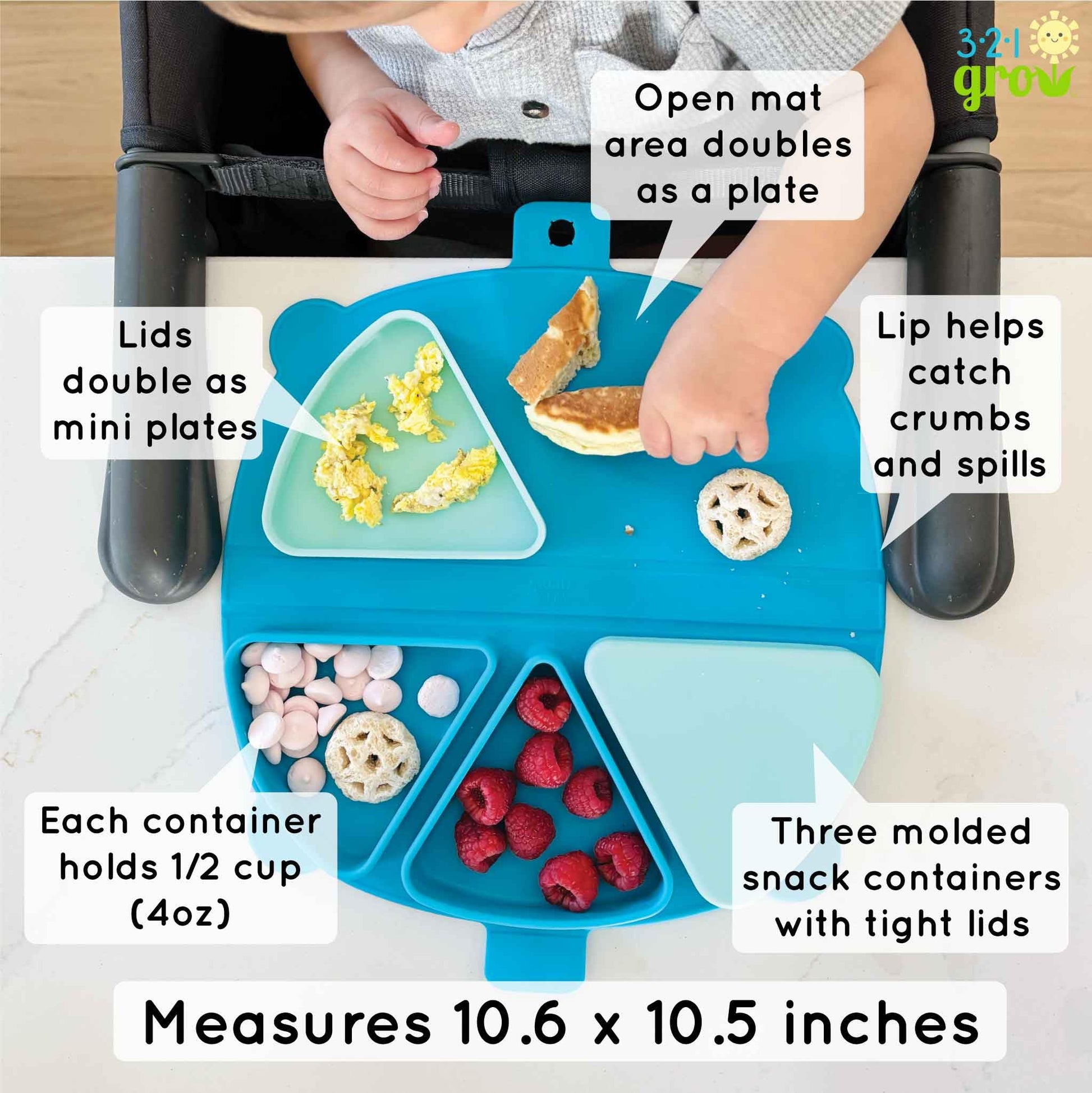 321 Grow Alfombrilla de silicona para snacks de viaje - Juego de manteles plegables reutilizables con 3 compartimentos y tapas - Plato para snacks de viaje apto para bebés y niños pequeños - Apto para
