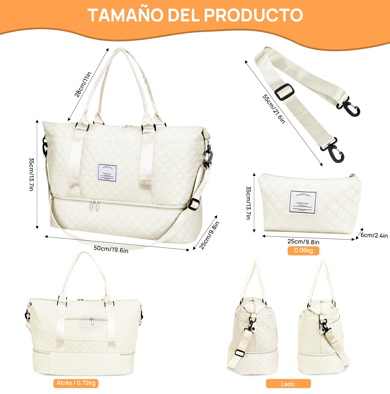 Bolsa de Deporte, Bolsa de Viaje Con Compartimento Para Zapatos y Neceser, Compartimentos Húmedo y Seco, Gran Capacidad, Resistente al Agua (blanco)