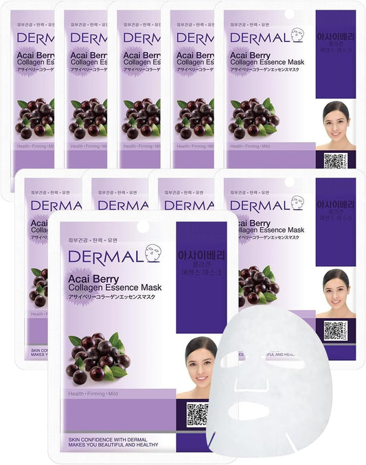 DERMAL Korea 10 Mascarillas Acai Berry con Colágeno y Extracto de Açaí