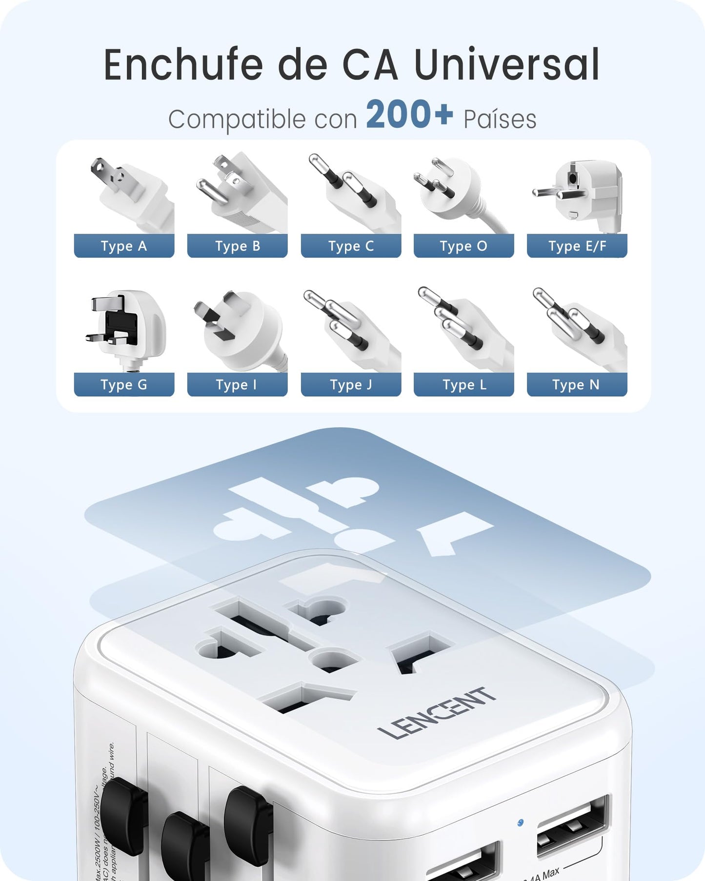LENCENT Adaptador Enchufe Universal, Enchufe Internacional con 2 Puertos USB, Cargador de Viaje para Europa, Americano, Canadá, Reino Unido, Australia, Adaptador Viaje para Más de 200 Países, Blanco