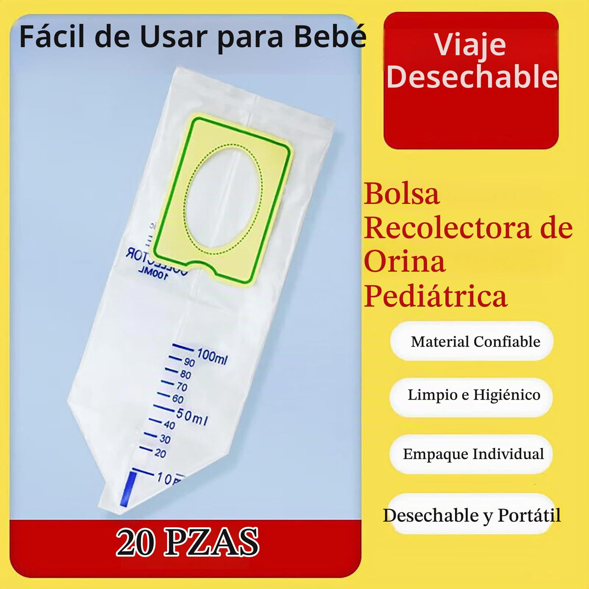 Yeustkony Colector De Bolsas De Orina Pediátrica De 20 Piezas, Bolsa De Colector De Bebé De 100 Ml, Bolsas Individuales Para Pis, Colección Multiusos De Viaje Desechable, Receptor Transparen