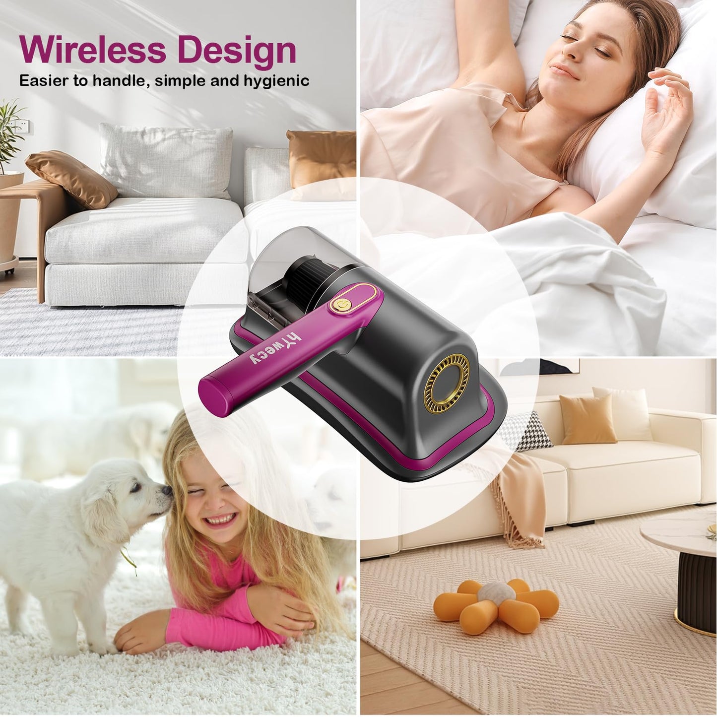 HYwecy Aspiradora inalámbrica para cama, 6600 mAh, inalámbrica, portátil, con protección UV, ligera, de dos velocidades, para cama, sofás, almohada