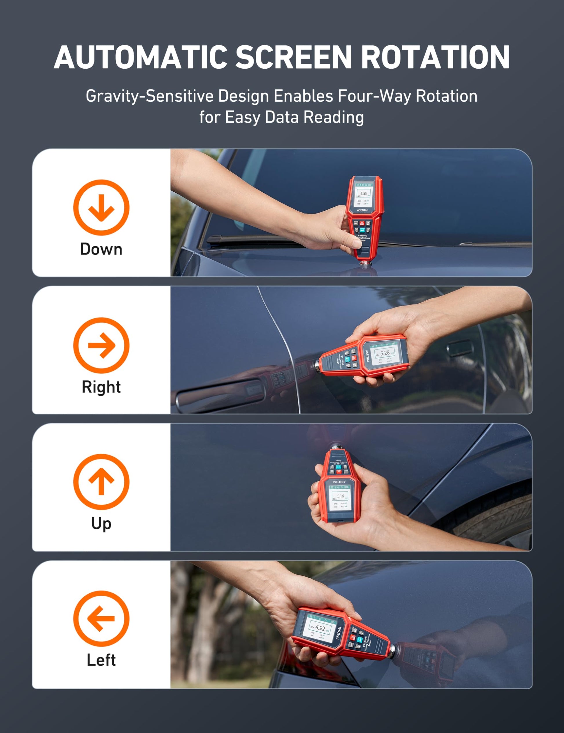 AstroAI Medidor de espesor de pintura para coche, medidor de profundidad de pintura/probador de revestimiento para comprobar el revestimiento original del automóvil, con alarma de límite