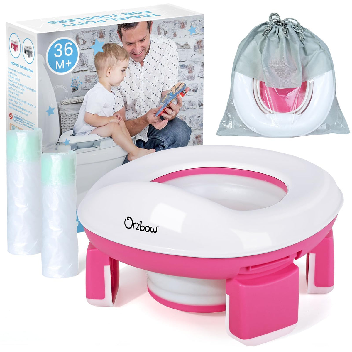 Orzbow - Asiento de inodoro portátil para niños pequeños con bolsa de almacenamiento, silla plegable para orinal con 40 bolsas de viaje, desmontable para bebé con protector contra salpicaduras para