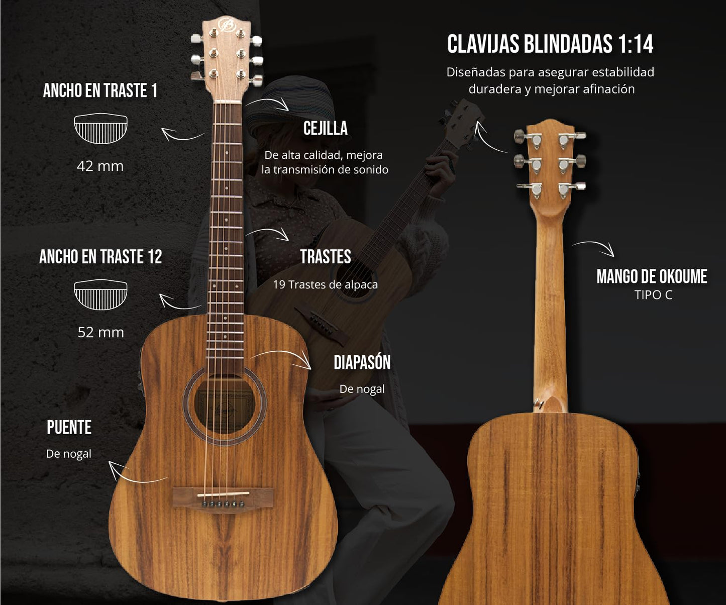 BAMBOO, Guitarra Electroacustica Travel Koa con Funda Negra, 34 pulgadas, madera Koa