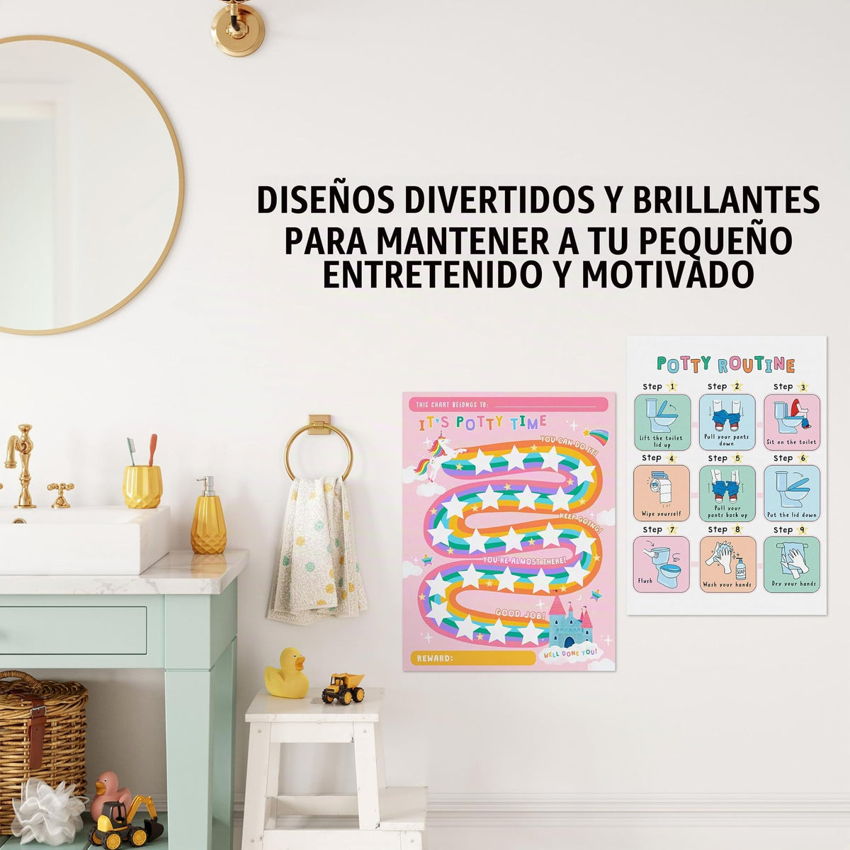 Tabla de recompensas para entrenamiento en el uso del potty para niños - Unicornios y castillos x 10 piezas - Tabla de entrenamiento en el uso del potty para niñas - Calendario de rutina - Tablero de