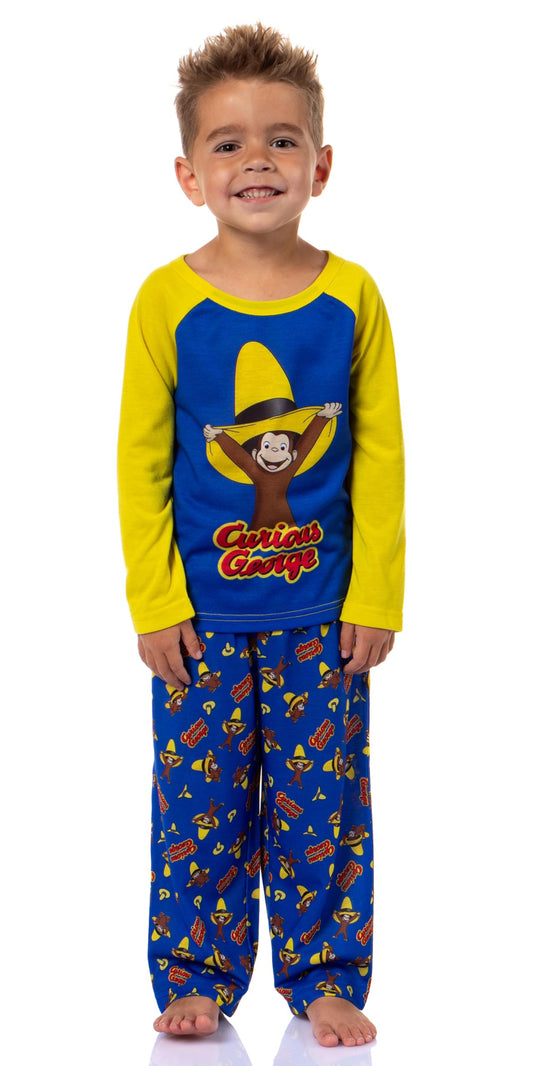 INTIMO Conjunto de pijama de 2 piezas para niños pequeños con manga larga y pantalón largo estilo raglán de Curious George Big Yellow Hat para niños y niñas, talla 4T