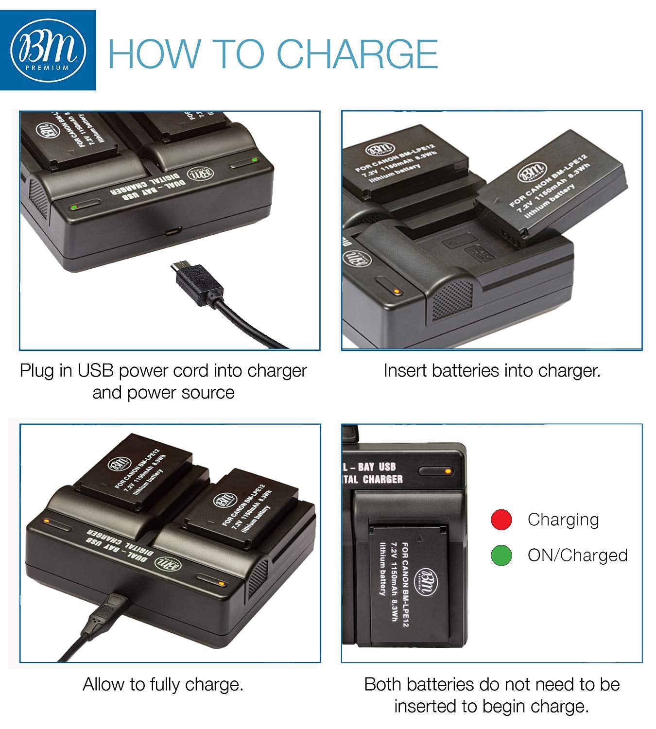 BM Premium 2-Pack Of LP-E12 Batteries and USB Dual Battery Charger for Canon Rebel SL1 100D, EOS-M, EOS M2, EOS M10 Mirrorless Digital Camera