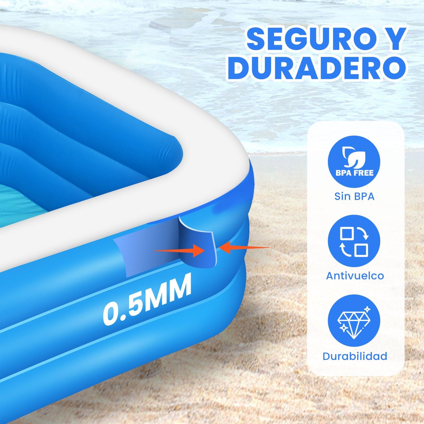 JNNQI Piscina Inflable Familiar 260x175x60 CM, Alberca Inflable Familiares Triple Grande Rectangular con Bolsa de Almacenamiento, Fiesta Acuática de Verano, Piscina Inflable al Aire Libre (Azul)