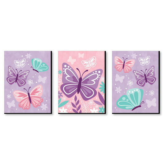 Arte de Pared Floral Big Dot of Happiness Mariposa Hermosa multicolor Juego de 3 Impresiones para Guardería y Habitación de Niños