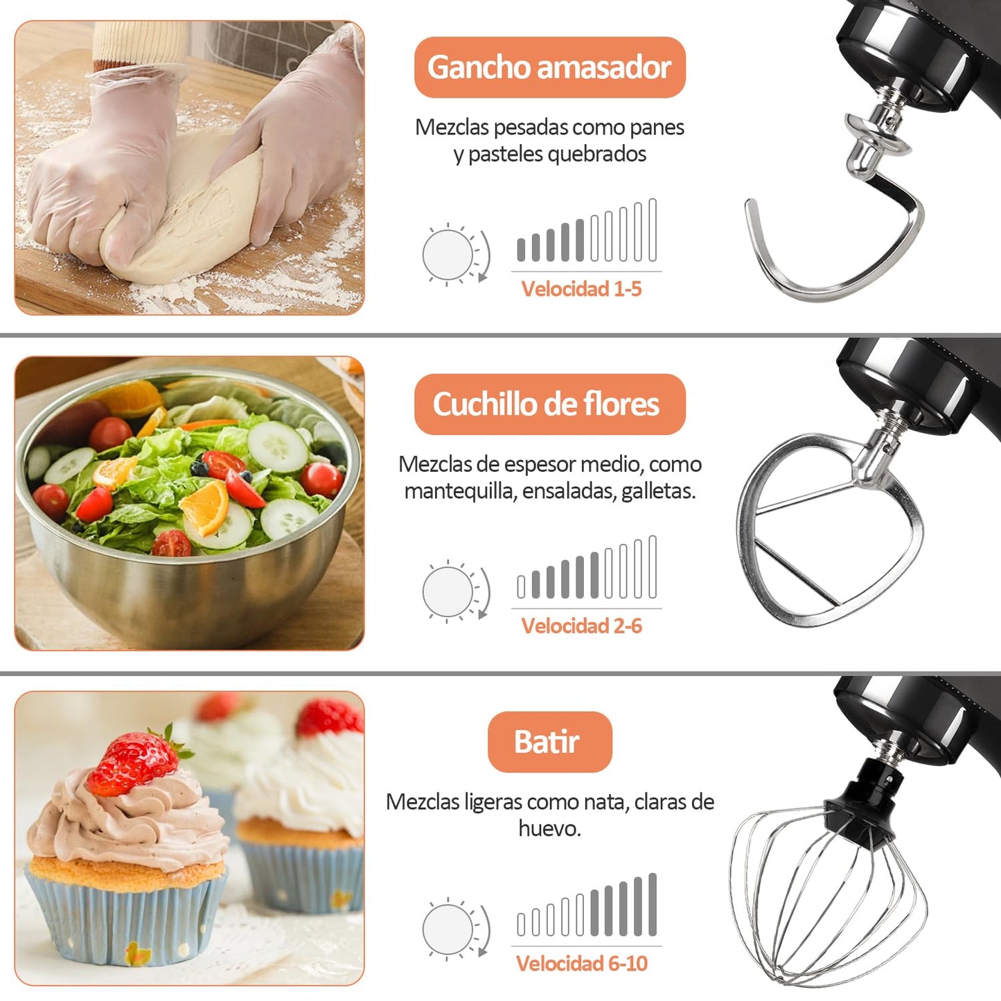 Batidora de Pedestal JZZB Negra de 10 Velocidades con 6 Accesorios para Repostería y Panadería en el Hogar