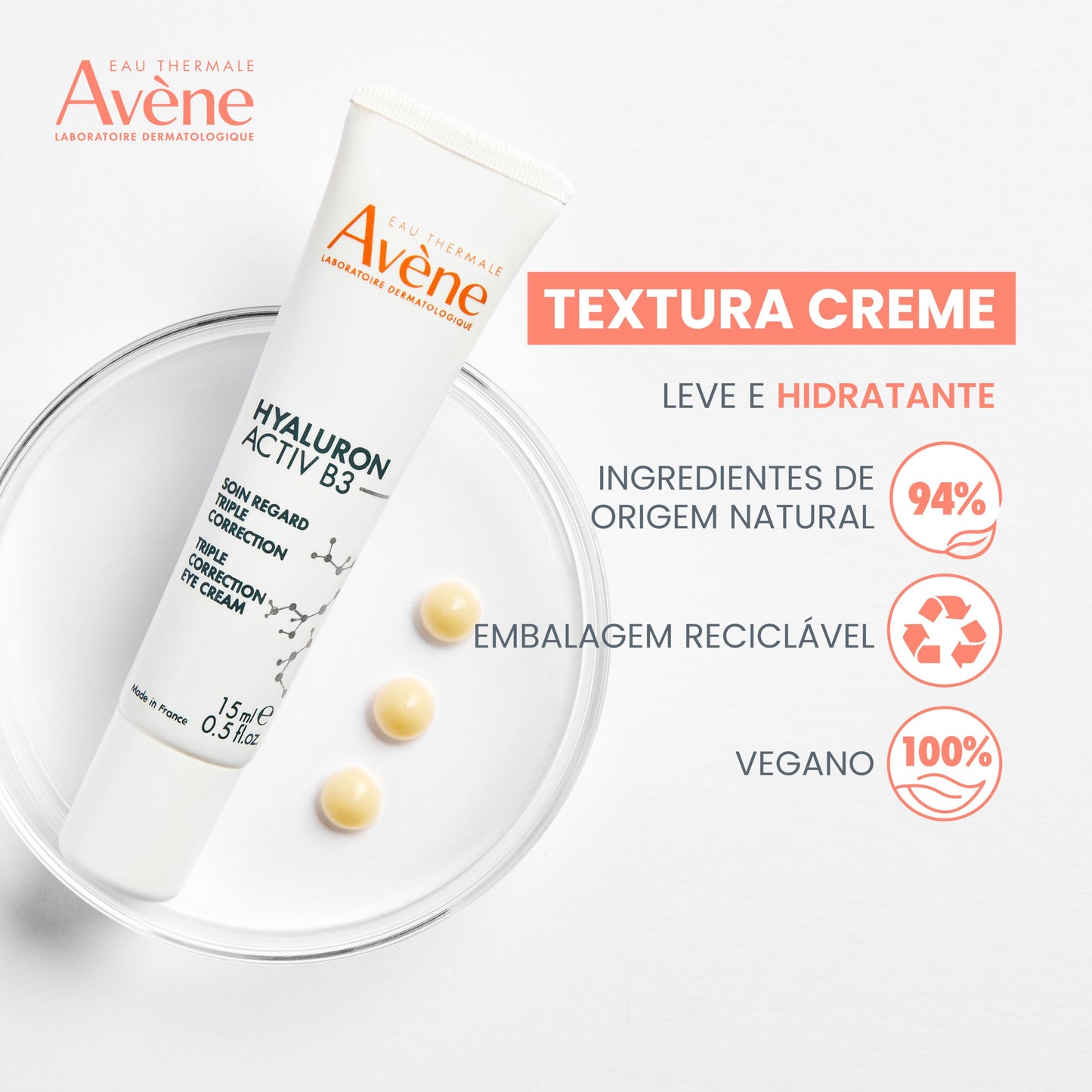 AVENE Hyaluron Activ B3, Contorno de Ojos, Triple Corrección, Descongestiona y Mejora Luminosidad, 15ml