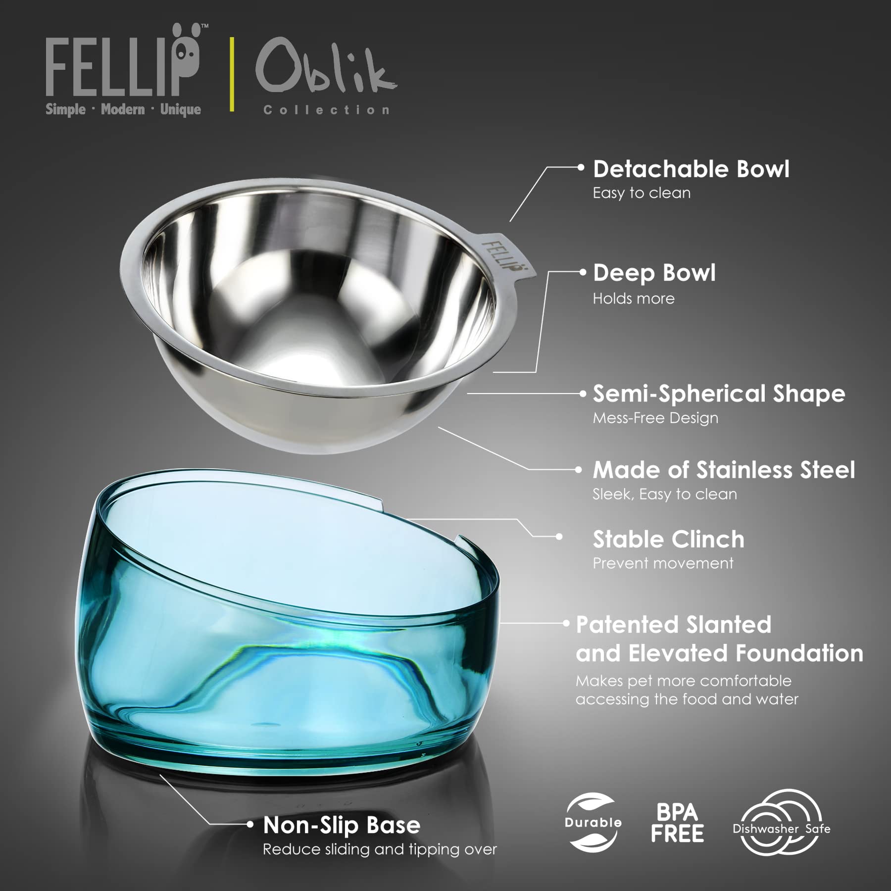 Felli Cuenco elevado para perros de acero inoxidable inclinado ovalado inclinado antivómitos, a prueba de derrames, base antideslizante de goma elevada, alimentador de metal para perros pequeños y medianos (1.5 tazas, zafiro)